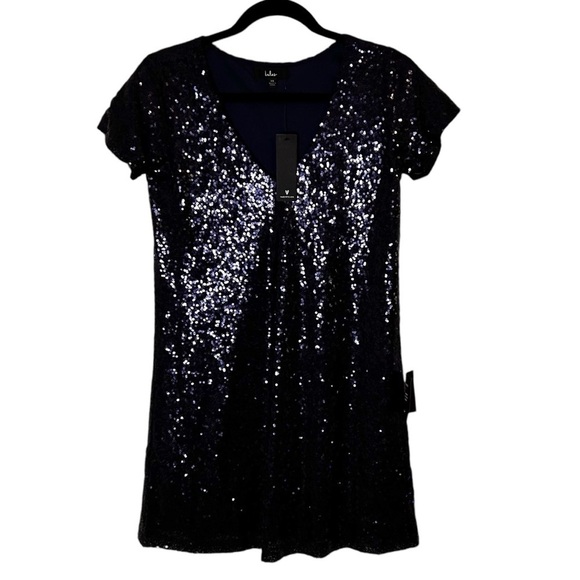 Lulu's Light Up The Night Navy Sequin V-Neck Shirt Dress- Size XS - Picture 7 of 13